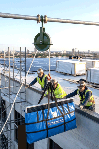 lifting solar panels with a simple gin wheel and panel lifting bag solution